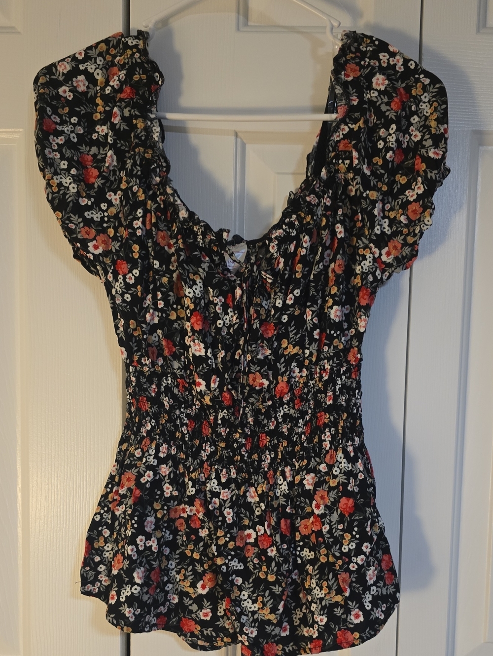 No Boundaries Black Floral Smocked Peplum Blouse